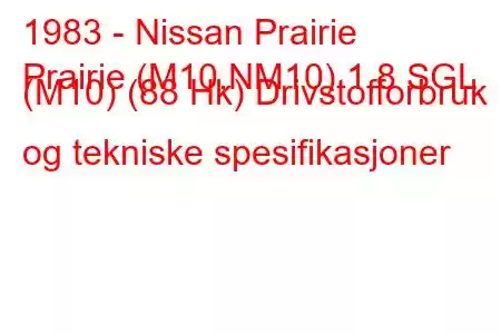 1983 - Nissan Prairie
Prairie (M10,NM10) 1,8 SGL (M10) (88 Hk) Drivstofforbruk og tekniske spesifikasjoner