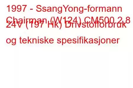 1997 - SsangYong-formann
Chairman (W124) CM500 2,8 i 24V (197 Hk) Drivstofforbruk og tekniske spesifikasjoner