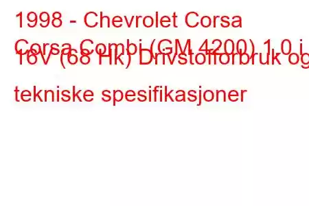 1998 - Chevrolet Corsa
Corsa Combi (GM 4200) 1.0 i 16V (68 Hk) Drivstofforbruk og tekniske spesifikasjoner