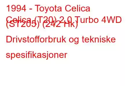 1994 - Toyota Celica
Celica (T20) 2.0 Turbo 4WD (ST205) (242 Hk) Drivstofforbruk og tekniske spesifikasjoner