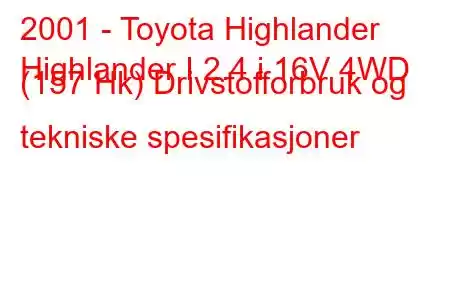 2001 - Toyota Highlander
Highlander I 2.4 i 16V 4WD (157 Hk) Drivstofforbruk og tekniske spesifikasjoner