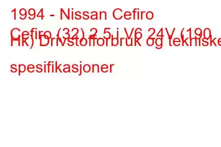 1994 - Nissan Cefiro
Cefiro (32) 2.5 i V6 24V (190 Hk) Drivstofforbruk og tekniske spesifikasjoner