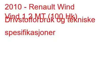 2010 - Renault Wind
Vind 1,2 MT (100 Hk) Drivstofforbruk og tekniske spesifikasjoner