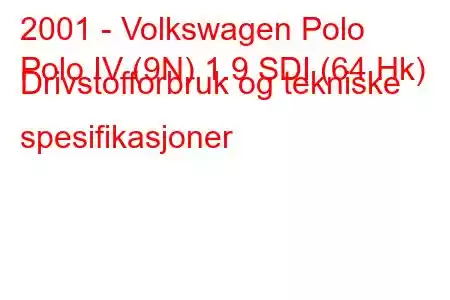 2001 - Volkswagen Polo
Polo IV (9N) 1.9 SDI (64 Hk) Drivstofforbruk og tekniske spesifikasjoner