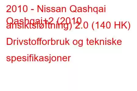 2010 - Nissan Qashqai
Qashqai+2 (2010 ansiktsløftning) 2.0 (140 HK) Drivstofforbruk og tekniske spesifikasjoner