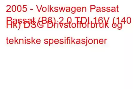 2005 - Volkswagen Passat
Passat (B6) 2.0 TDI 16V (140 Hk) DSG Drivstofforbruk og tekniske spesifikasjoner