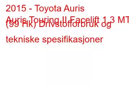 2015 - Toyota Auris
Auris Touring II Facelift 1,3 MT (99 Hk) Drivstofforbruk og tekniske spesifikasjoner