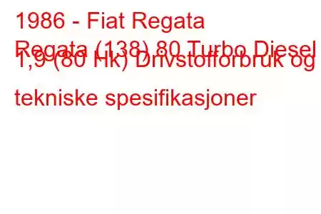 1986 - Fiat Regata
Regata (138) 80 Turbo Diesel 1,9 (80 Hk) Drivstofforbruk og tekniske spesifikasjoner