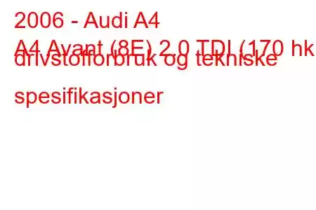 2006 - Audi A4
A4 Avant (8E) 2.0 TDI (170 hk) drivstofforbruk og tekniske spesifikasjoner