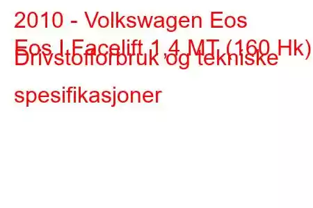 2010 - Volkswagen Eos
Eos I Facelift 1,4 MT (160 Hk) Drivstofforbruk og tekniske spesifikasjoner