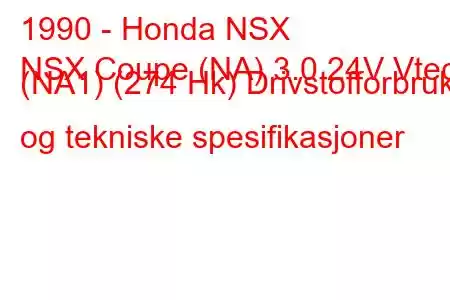 1990 - Honda NSX
NSX Coupe (NA) 3.0 24V Vtec (NA1) (274 Hk) Drivstofforbruk og tekniske spesifikasjoner