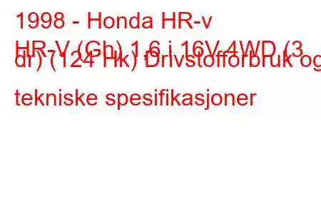 1998 - Honda HR-v
HR-V (Gh) 1,6 i 16V 4WD (3 dr) (124 Hk) Drivstofforbruk og tekniske spesifikasjoner