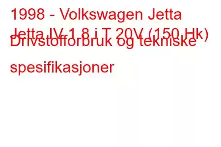 1998 - Volkswagen Jetta
Jetta IV 1.8 i T 20V (150 Hk) Drivstofforbruk og tekniske spesifikasjoner