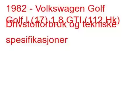 1982 - Volkswagen Golf
Golf I (17) 1,8 GTI (112 Hk) Drivstofforbruk og tekniske spesifikasjoner