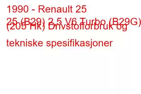 1990 - Renault 25
25 (B29) 2,5 V6 Turbo (B29G) (205 Hk) Drivstofforbruk og tekniske spesifikasjoner