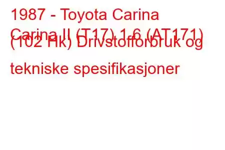 1987 - Toyota Carina
Carina II (T17) 1.6 (AT171) (102 Hk) Drivstofforbruk og tekniske spesifikasjoner