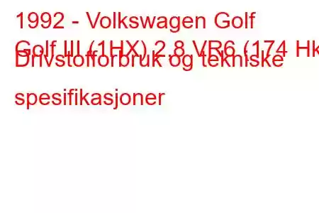 1992 - Volkswagen Golf
Golf III (1HX) 2,8 VR6 (174 Hk) Drivstofforbruk og tekniske spesifikasjoner