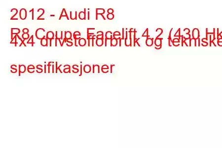 2012 - Audi R8
R8 Coupe Facelift 4.2 (430 Hk) 4x4 drivstofforbruk og tekniske spesifikasjoner