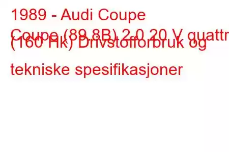 1989 - Audi Coupe
Coupe (89.8B) 2.0 20 V quattro (160 Hk) Drivstofforbruk og tekniske spesifikasjoner