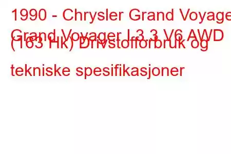 1990 - Chrysler Grand Voyager
Grand Voyager I 3.3 V6 AWD (163 Hk) Drivstofforbruk og tekniske spesifikasjoner