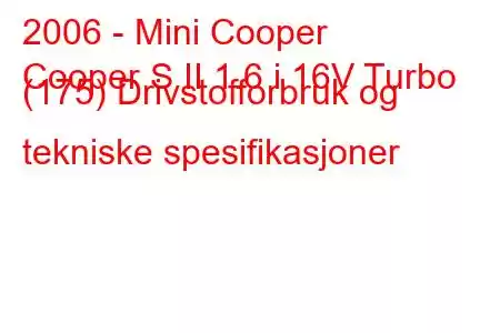 2006 - Mini Cooper
Cooper S II 1.6 i 16V Turbo (175) Drivstofforbruk og tekniske spesifikasjoner