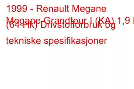 1999 - Renault Megane
Megane Grandtour I (KA) 1,9 D (64 Hk) Drivstofforbruk og tekniske spesifikasjoner