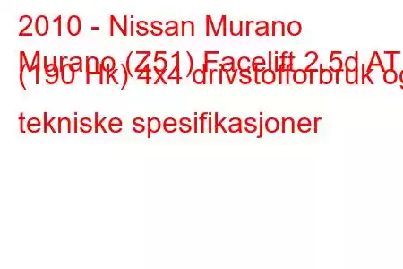 2010 - Nissan Murano
Murano (Z51) Facelift 2.5d AT (190 Hk) 4x4 drivstofforbruk og tekniske spesifikasjoner