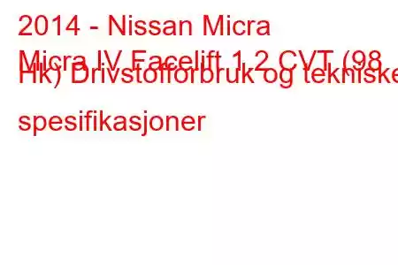 2014 - Nissan Micra
Micra IV Facelift 1.2 CVT (98 Hk) Drivstofforbruk og tekniske spesifikasjoner