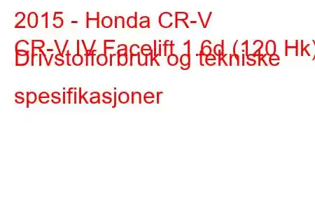 2015 - Honda CR-V
CR-V IV Facelift 1.6d (120 Hk) Drivstofforbruk og tekniske spesifikasjoner