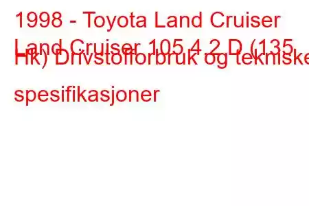 1998 - Toyota Land Cruiser
Land Cruiser 105 4.2 D (135 Hk) Drivstofforbruk og tekniske spesifikasjoner