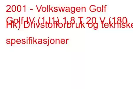 2001 - Volkswagen Golf
Golf IV (1J1) 1,8 T 20 V (180 Hk) Drivstofforbruk og tekniske spesifikasjoner