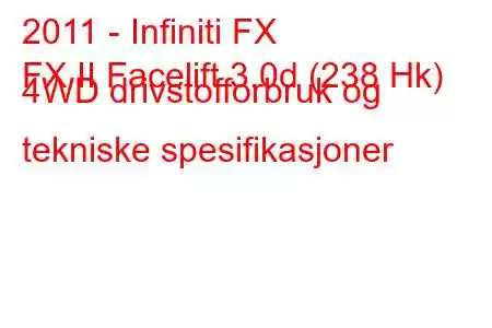 2011 - Infiniti FX
FX II Facelift 3.0d (238 Hk) 4WD drivstofforbruk og tekniske spesifikasjoner