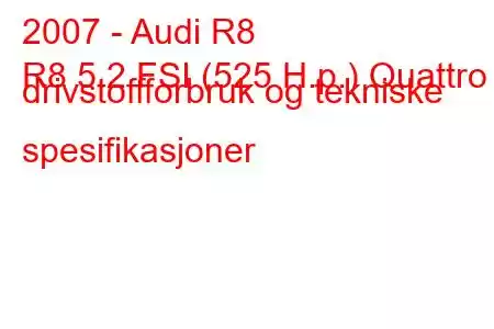 2007 - Audi R8
R8 5.2 FSI (525 H.p.) Quattro drivstoffforbruk og tekniske spesifikasjoner