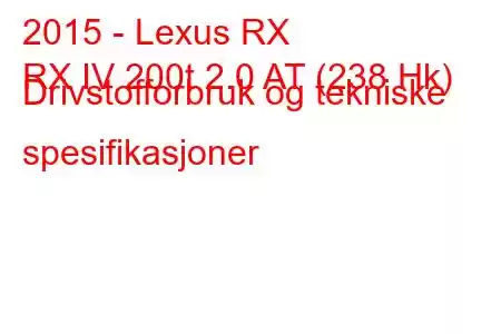 2015 - Lexus RX
RX IV 200t 2.0 AT (238 Hk) Drivstofforbruk og tekniske spesifikasjoner