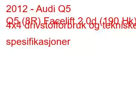 2012 - Audi Q5
Q5 (8R) Facelift 2.0d (190 Hk) 4x4 drivstofforbruk og tekniske spesifikasjoner