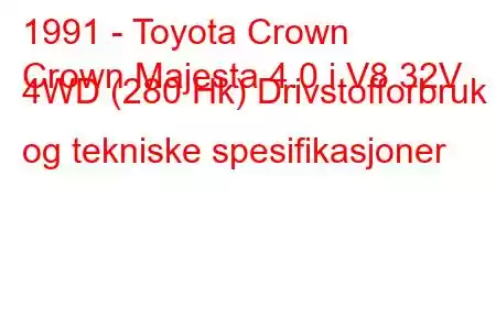 1991 - Toyota Crown
Crown Majesta 4.0 i V8 32V 4WD (280 Hk) Drivstofforbruk og tekniske spesifikasjoner