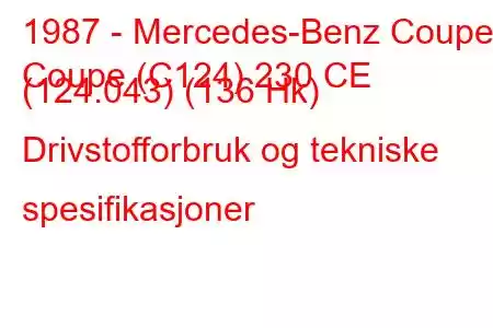 1987 - Mercedes-Benz Coupe
Coupe (C124) 230 CE (124.043) (136 Hk) Drivstofforbruk og tekniske spesifikasjoner