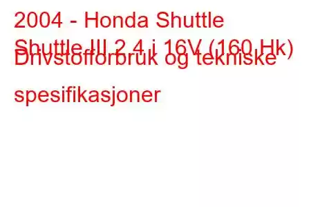 2004 - Honda Shuttle
Shuttle III 2.4 i 16V (160 Hk) Drivstofforbruk og tekniske spesifikasjoner