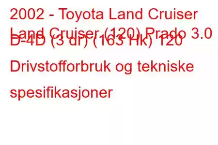 2002 - Toyota Land Cruiser
Land Cruiser (120) Prado 3.0 D-4D (3 dr) (163 Hk) 120 Drivstofforbruk og tekniske spesifikasjoner