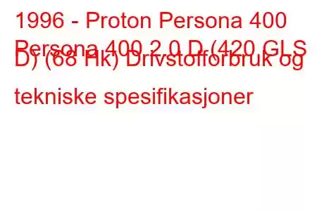 1996 - Proton Persona 400
Persona 400 2.0 D (420 GLS D) (68 Hk) Drivstofforbruk og tekniske spesifikasjoner