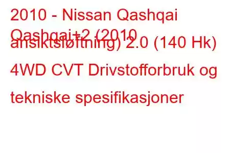 2010 - Nissan Qashqai
Qashqai+2 (2010 ansiktsløftning) 2.0 (140 Hk) 4WD CVT Drivstofforbruk og tekniske spesifikasjoner