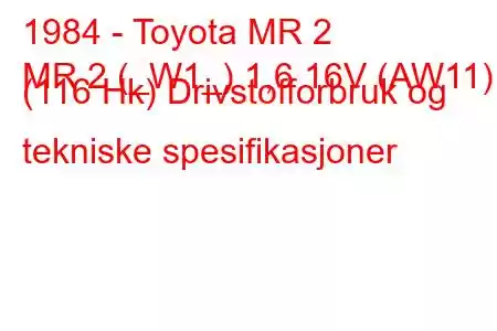 1984 - Toyota MR 2
MR 2 (_W1_) 1,6 16V (AW11) (116 Hk) Drivstofforbruk og tekniske spesifikasjoner