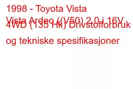 1998 - Toyota Vista
Vista Ardeo ((V50) 2.0 i 16V 4WD (135 Hk) Drivstofforbruk og tekniske spesifikasjoner