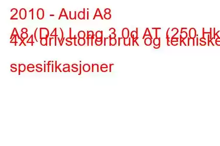 2010 - Audi A8
A8 (D4) Long 3.0d AT (250 Hk) 4x4 drivstofforbruk og tekniske spesifikasjoner