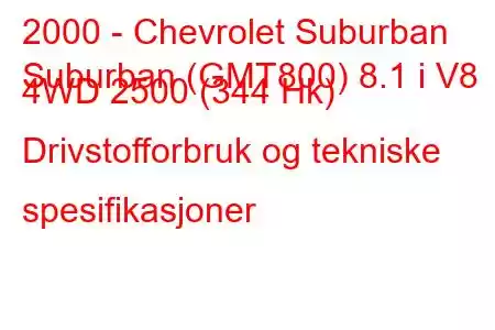 2000 - Chevrolet Suburban
Suburban (GMT800) 8.1 i V8 4WD 2500 (344 Hk) Drivstofforbruk og tekniske spesifikasjoner