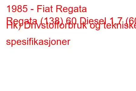 1985 - Fiat Regata
Regata (138) 60 Diesel 1,7 (60 Hk) Drivstofforbruk og tekniske spesifikasjoner