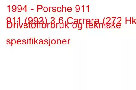 1994 - Porsche 911
911 (993) 3.6 Carrera (272 Hk) Drivstofforbruk og tekniske spesifikasjoner