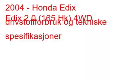 2004 - Honda Edix
Edix 2.0 (165 Hk) 4WD drivstoffforbruk og tekniske spesifikasjoner