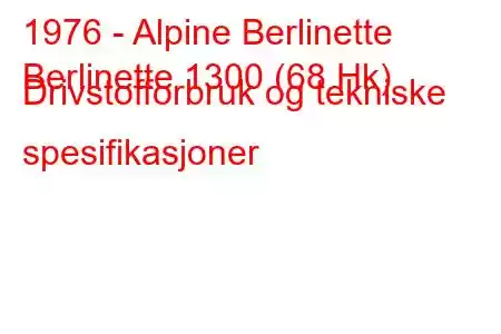 1976 - Alpine Berlinette
Berlinette 1300 (68 Hk) Drivstofforbruk og tekniske spesifikasjoner