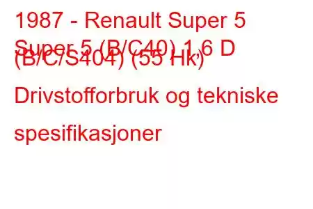 1987 - Renault Super 5
Super 5 (B/C40) 1,6 D (B/C/S404) (55 Hk) Drivstofforbruk og tekniske spesifikasjoner